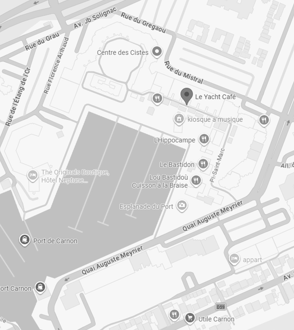 Illustration de la carte Google Maps pour situer le Yacht Café dans le port, restaurant port de Carnon.
